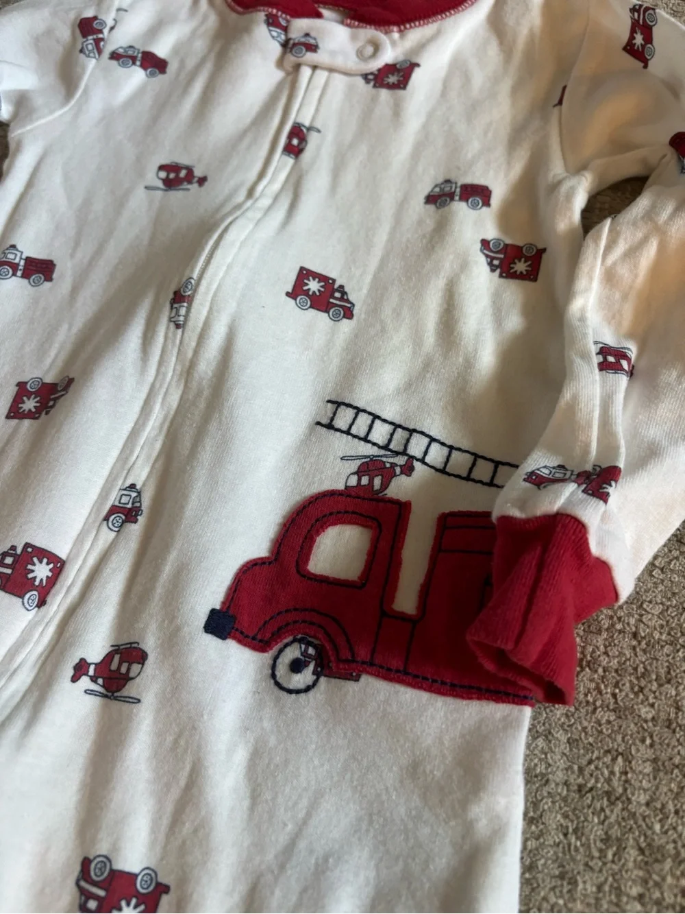 Carter's Cream Pajama Sleeper with Red Firetruck Accents